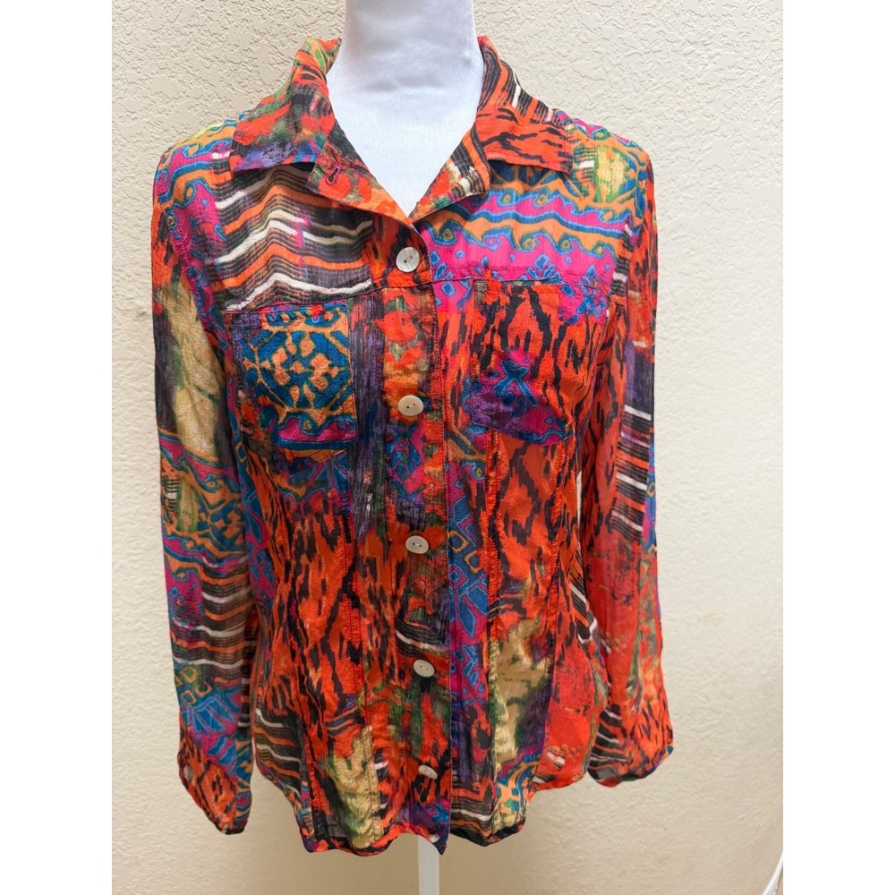 Chico's 100% Silk Abstract Ikat Tribal Print Button Down Orange Multi Size 0 S